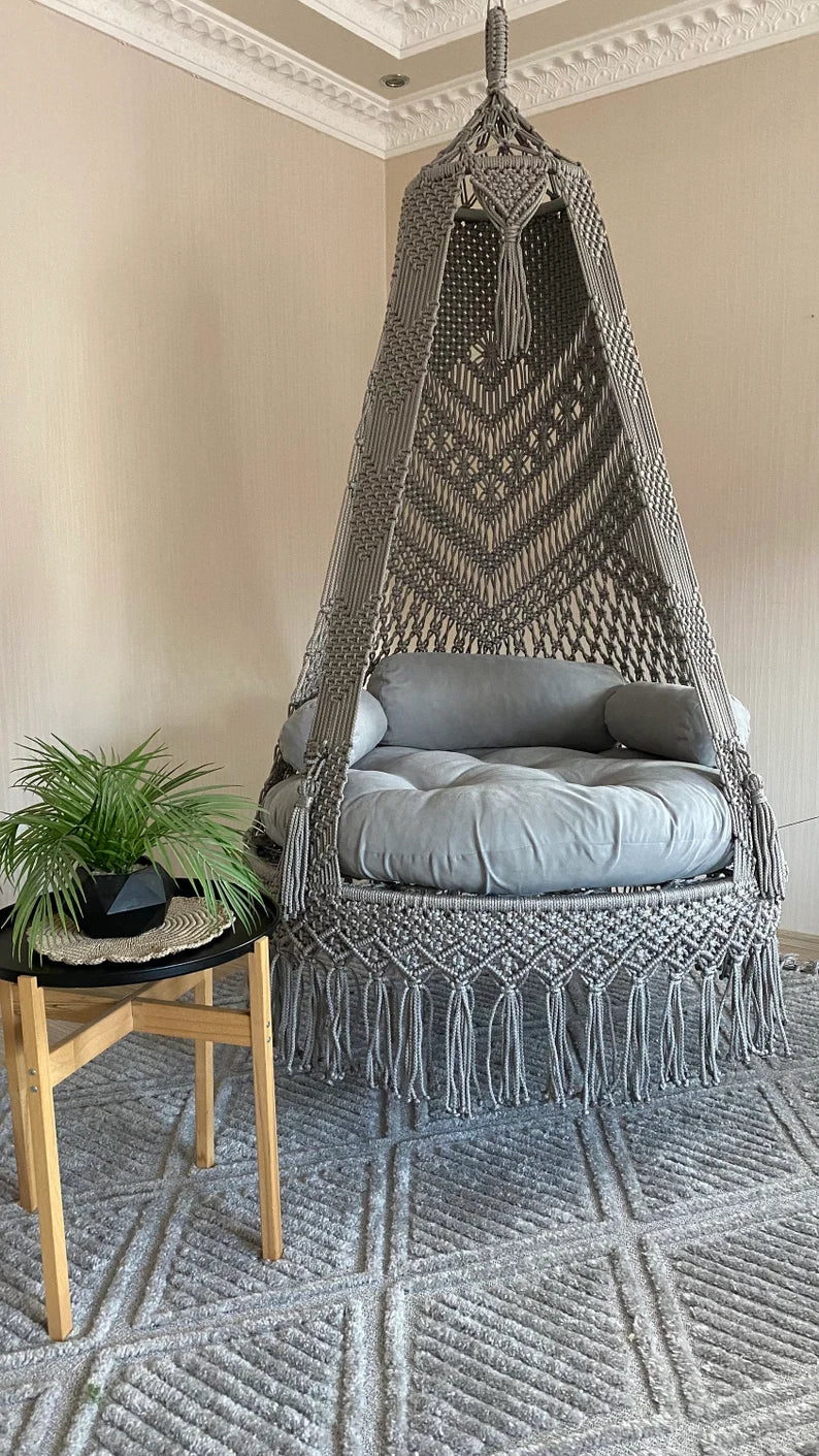 Macrame Swing With Cushions in Grey 35 inches - Leechoo